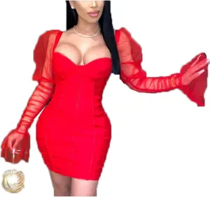 Cocoinsity Womens Clubwear Dresses Bodycon Long Sleeve Mesh Patchwork Party Mini Dress