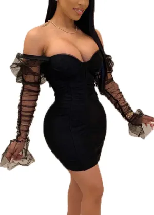 Cocoinsity Womens Clubwear Dresses Bodycon Long Sleeve Mesh Patchwork Party Mini Dress