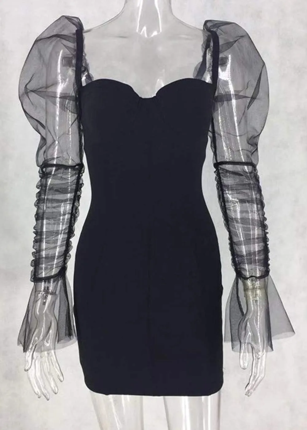 Cocoinsity Womens Clubwear Dresses Bodycon Long Sleeve Mesh Patchwork Party Mini Dress