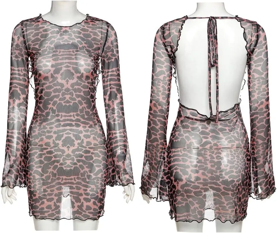 Cocoinsity Womens Party Dress Bodycon Long Sleeve Leopard Sheer Backless Mini Clubwear Dresses