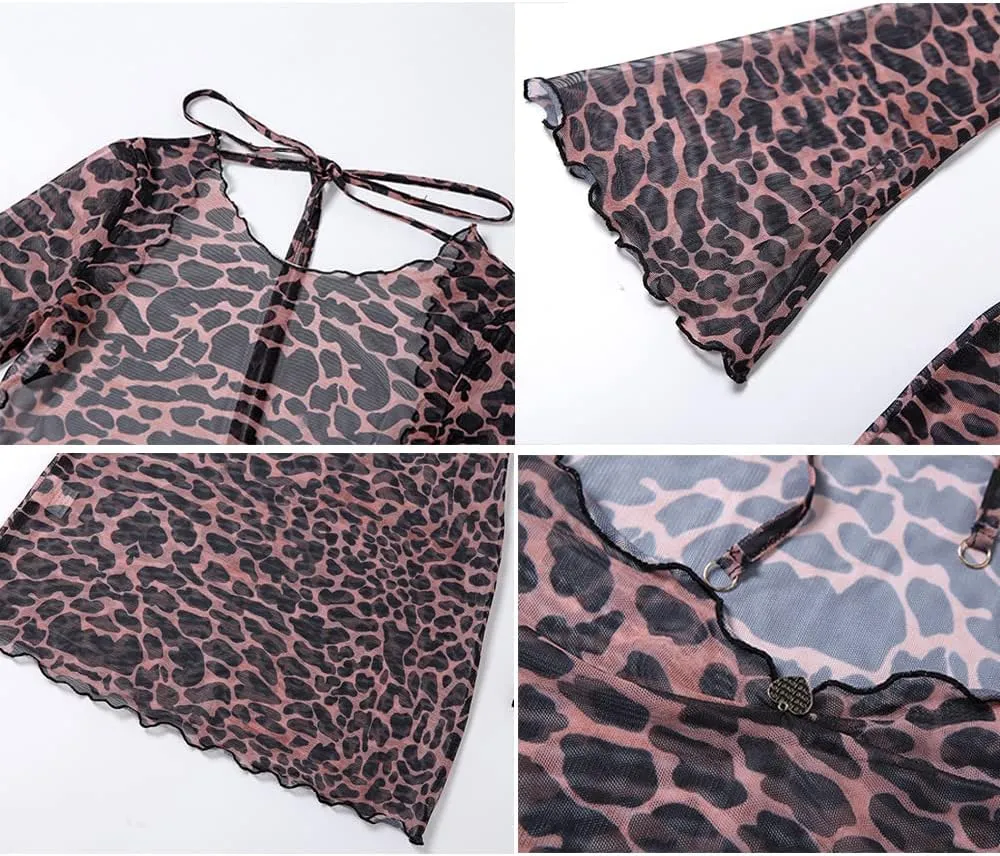 Cocoinsity Womens Party Dress Bodycon Long Sleeve Leopard Sheer Backless Mini Clubwear Dresses