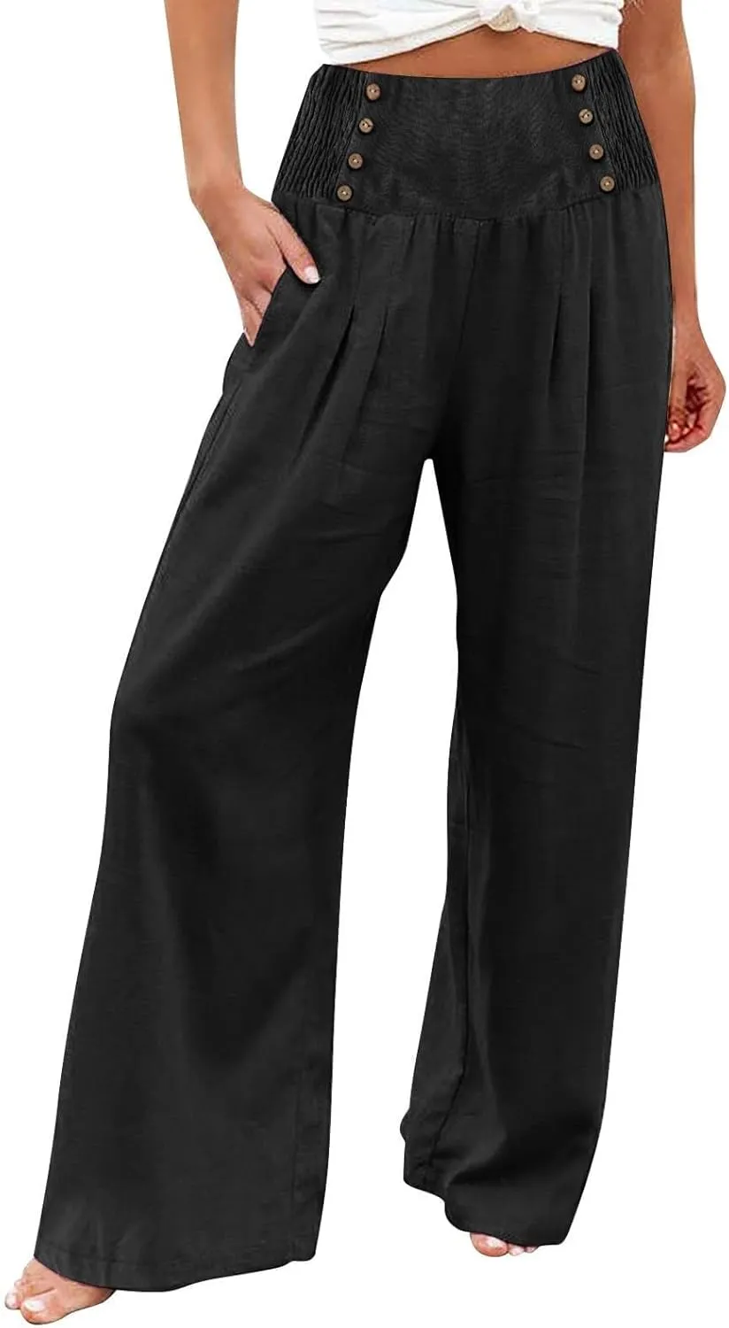 Comfy Pants Women Casual Long Elastic Waist Lounge Trousers Wide Leg Relax Fit Linen Vacation Palazzo Sweatpants