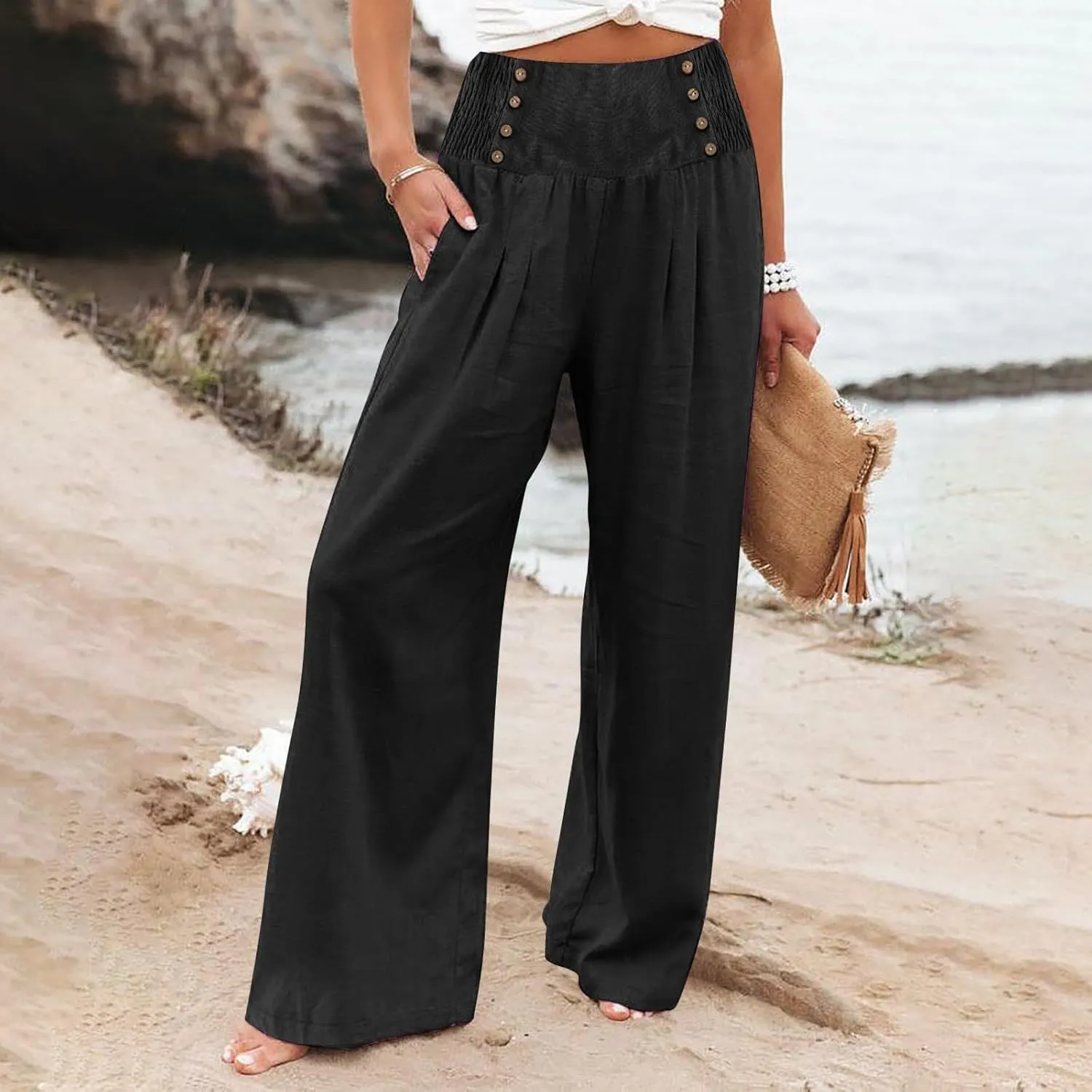 Comfy Pants Women Casual Long Elastic Waist Lounge Trousers Wide Leg Relax Fit Linen Vacation Palazzo Sweatpants