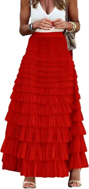 Comfy Stylish Women's Tiered Tulle Maxi Skirt - Sheer Mesh Aline Flared Elastic Waist Long Skirt - Party Wear