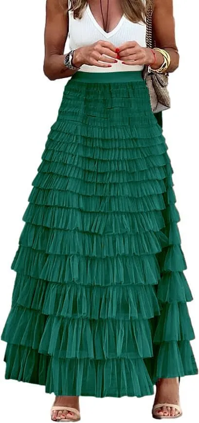 Comfy Stylish Women's Tiered Tulle Maxi Skirt - Sheer Mesh Aline Flared Elastic Waist Long Skirt - Party Wear