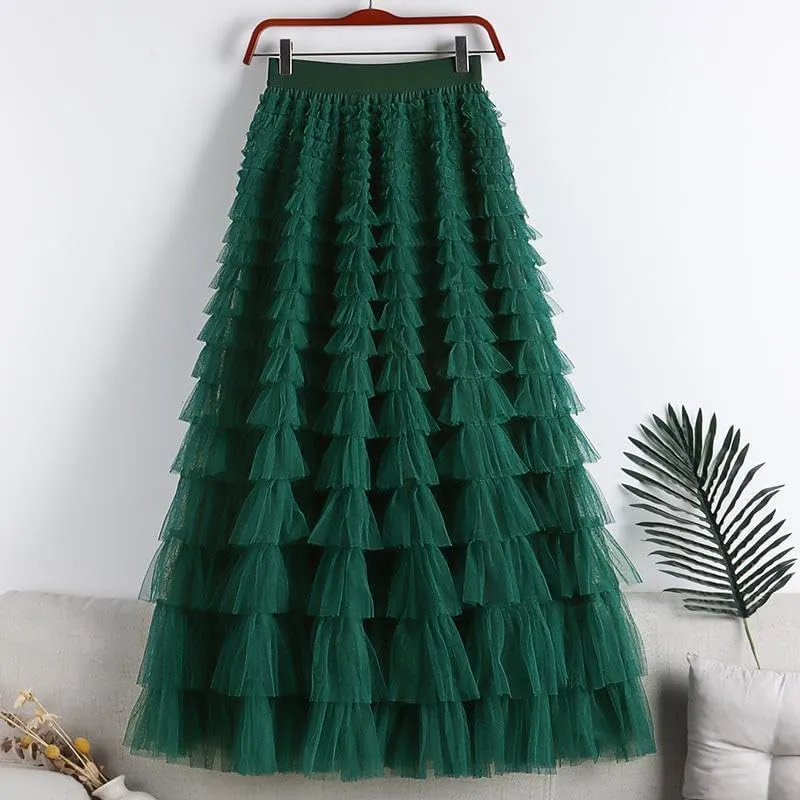 Comfy Stylish Women's Tiered Tulle Maxi Skirt - Sheer Mesh Aline Flared Elastic Waist Long Skirt - Party Wear