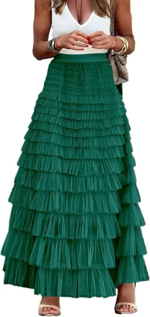 Comfy Stylish Women's Tiered Tulle Maxi Skirt - Sheer Mesh Aline Flared Elastic Waist Long Skirt - Party Wear