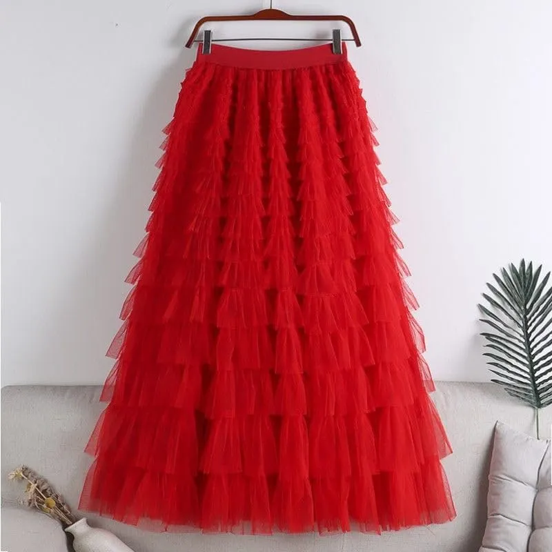 Comfy Stylish Women's Tiered Tulle Maxi Skirt - Sheer Mesh Aline Flared Elastic Waist Long Skirt - Party Wear