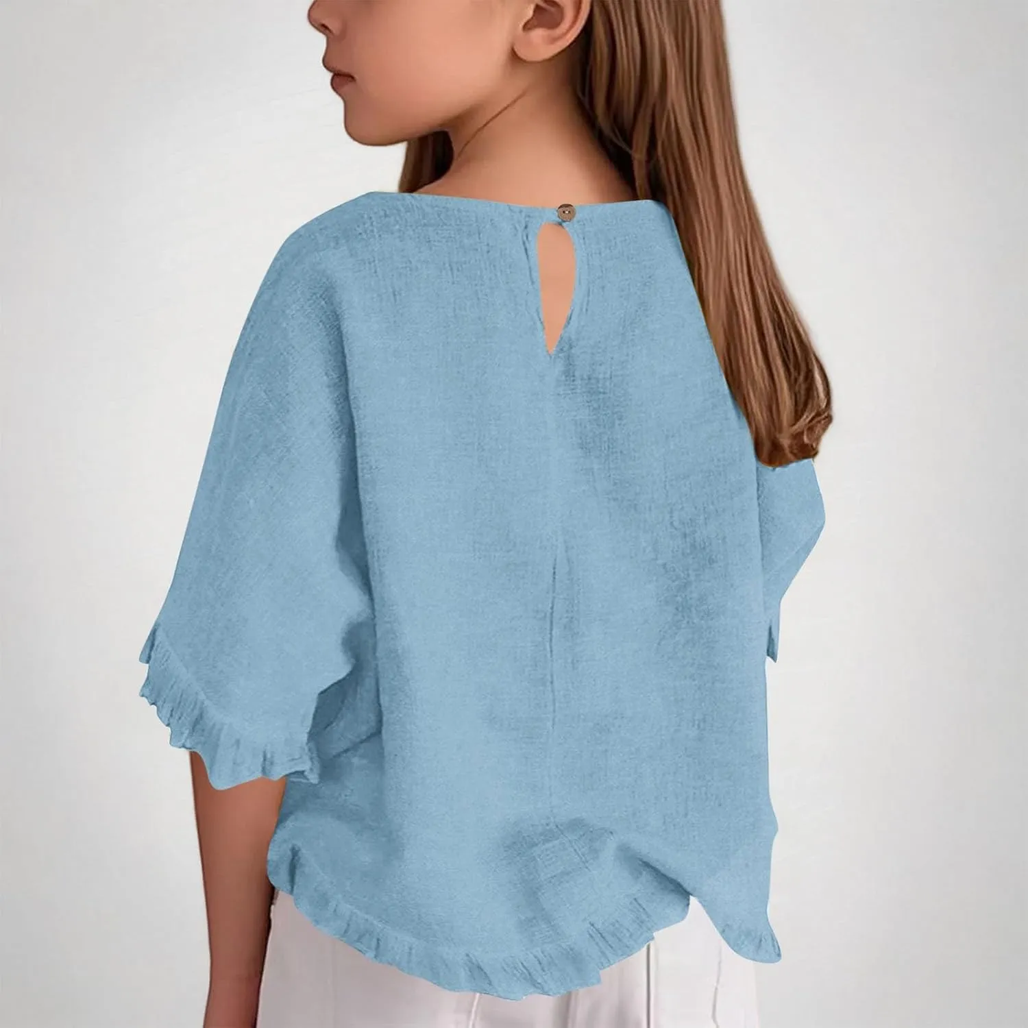 Cotton Linen Ruffle Tops for Girls Casual Crewneck Elbow Length Sleeve Plain T Shirts Blouses Kids Summer Loose Tees