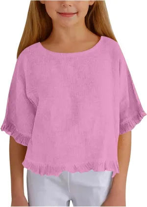 Cotton Linen Ruffle Tops for Girls Casual Crewneck Elbow Length Sleeve Plain T Shirts Blouses Kids Summer Loose Tees