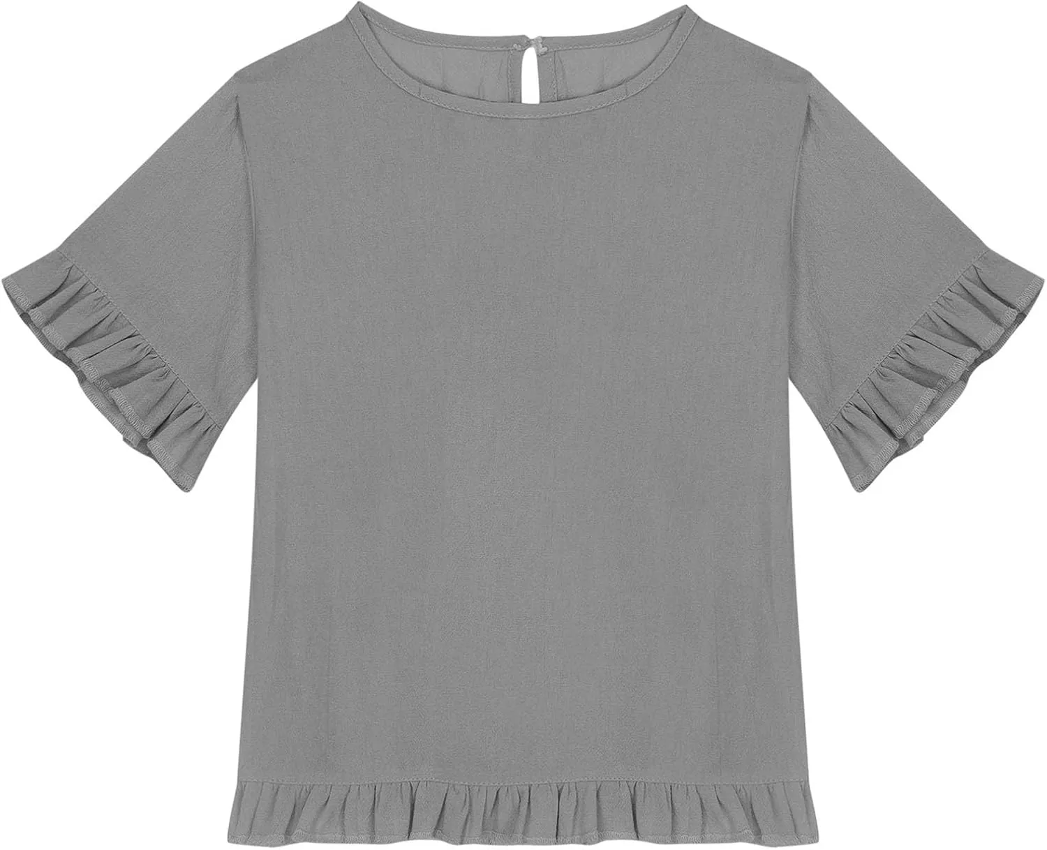 Cotton Linen Ruffle Tops for Girls Casual Crewneck Elbow Length Sleeve Plain T Shirts Blouses Kids Summer Loose Tees