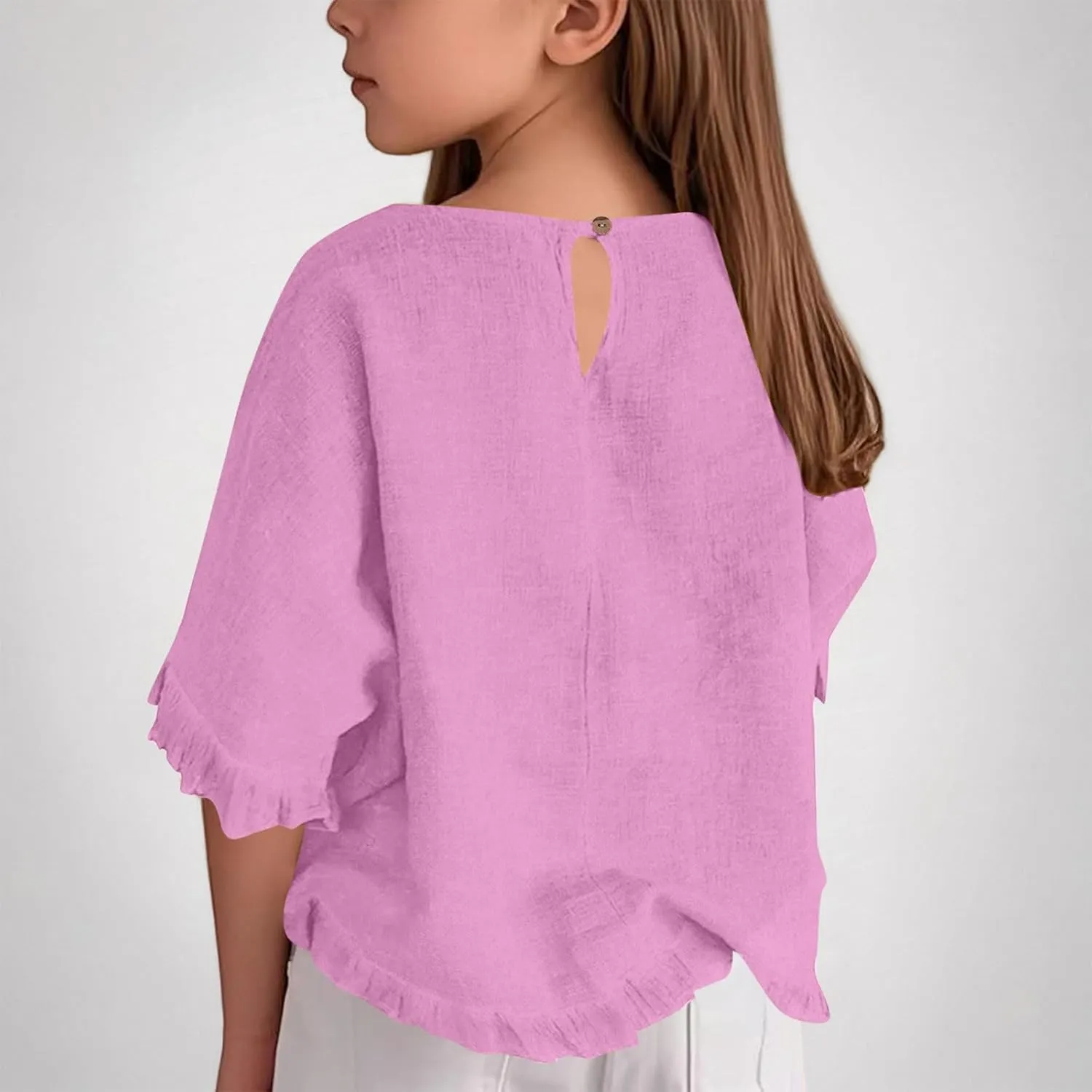 Cotton Linen Ruffle Tops for Girls Casual Crewneck Elbow Length Sleeve Plain T Shirts Blouses Kids Summer Loose Tees