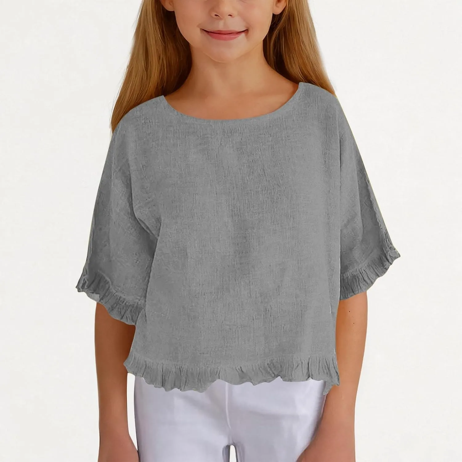 Cotton Linen Ruffle Tops for Girls Casual Crewneck Elbow Length Sleeve Plain T Shirts Blouses Kids Summer Loose Tees