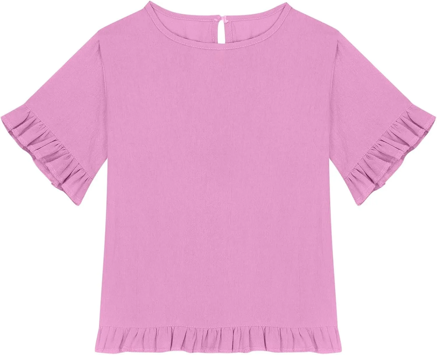 Cotton Linen Ruffle Tops for Girls Casual Crewneck Elbow Length Sleeve Plain T Shirts Blouses Kids Summer Loose Tees
