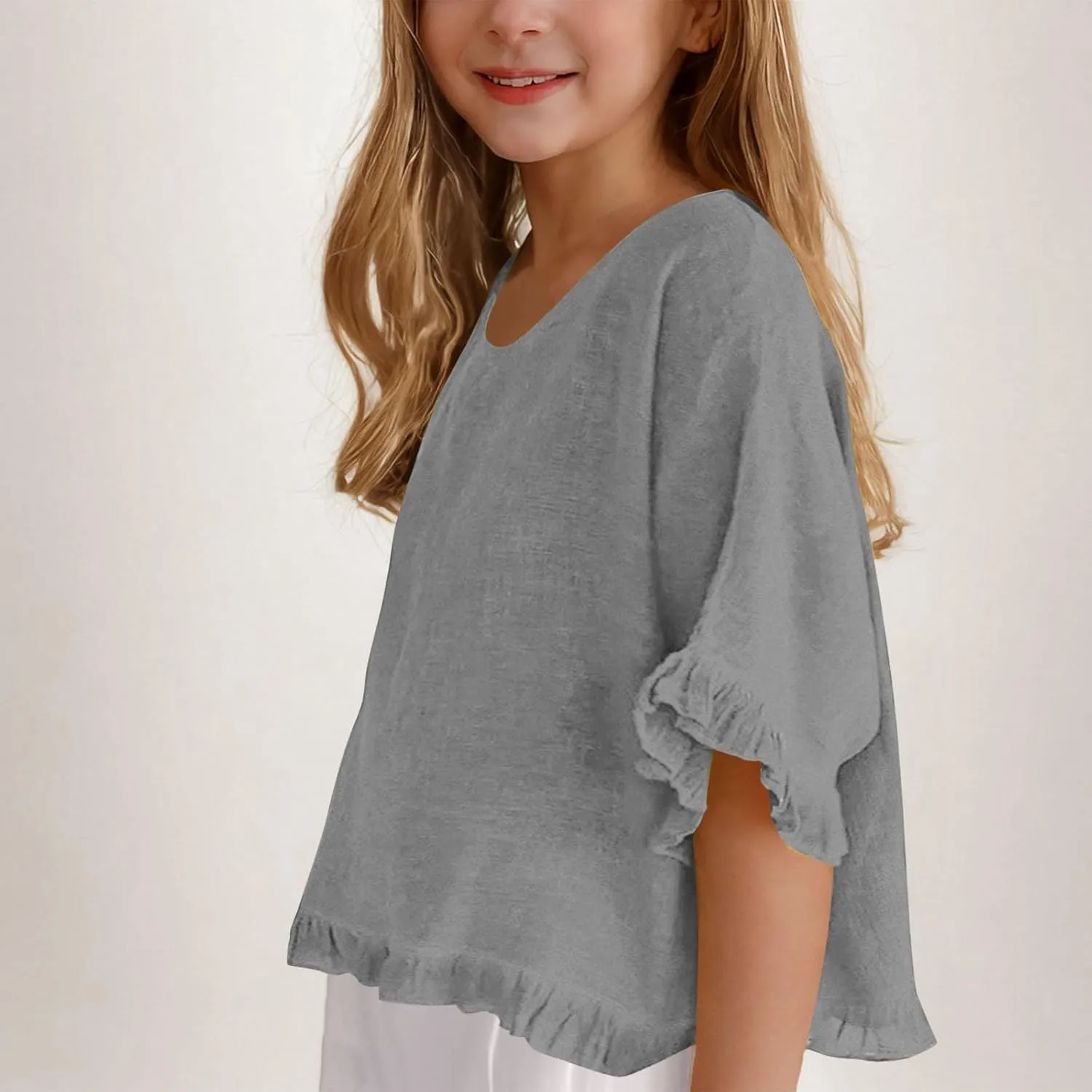 Cotton Linen Ruffle Tops for Girls Casual Crewneck Elbow Length Sleeve Plain T Shirts Blouses Kids Summer Loose Tees