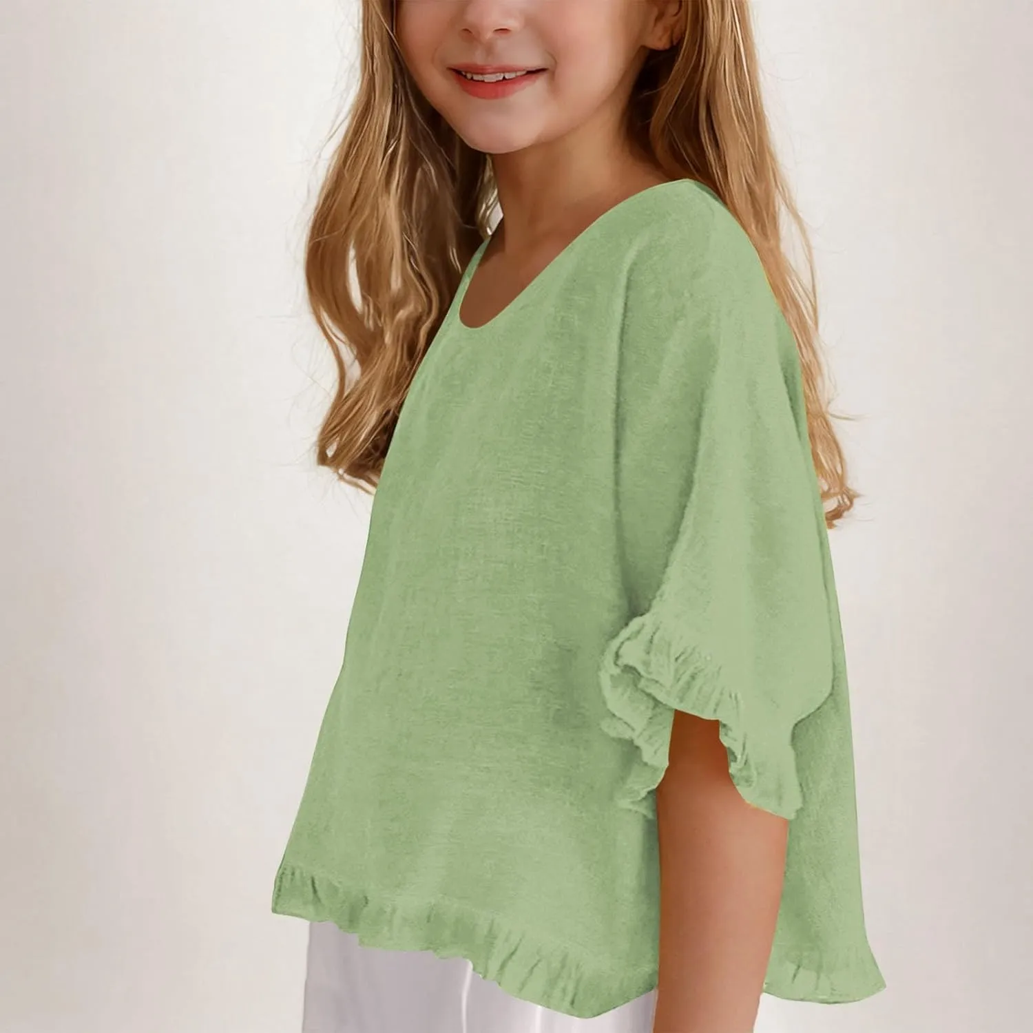 Cotton Linen Ruffle Tops for Girls Casual Crewneck Elbow Length Sleeve Plain T Shirts Blouses Kids Summer Loose Tees