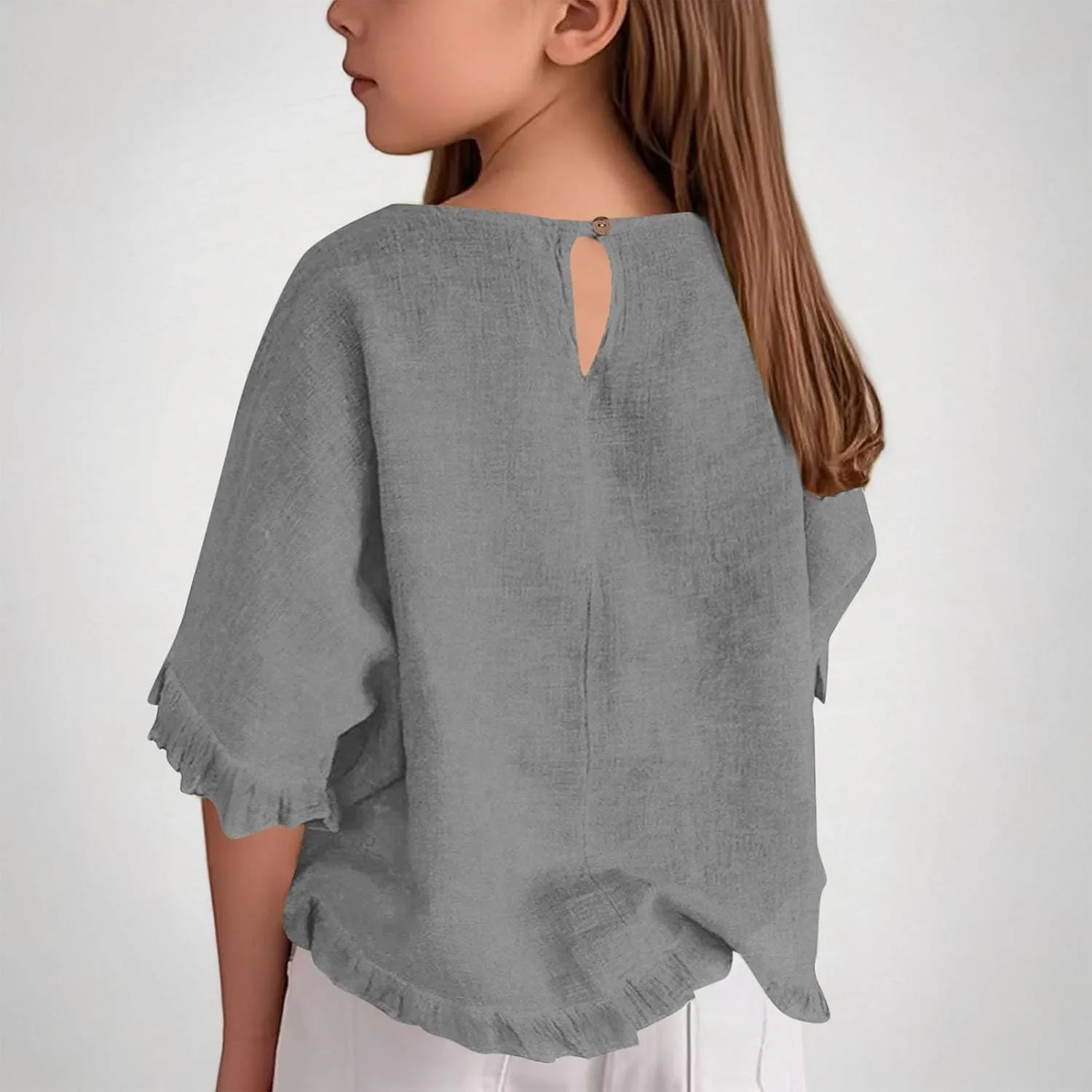 Cotton Linen Ruffle Tops for Girls Casual Crewneck Elbow Length Sleeve Plain T Shirts Blouses Kids Summer Loose Tees