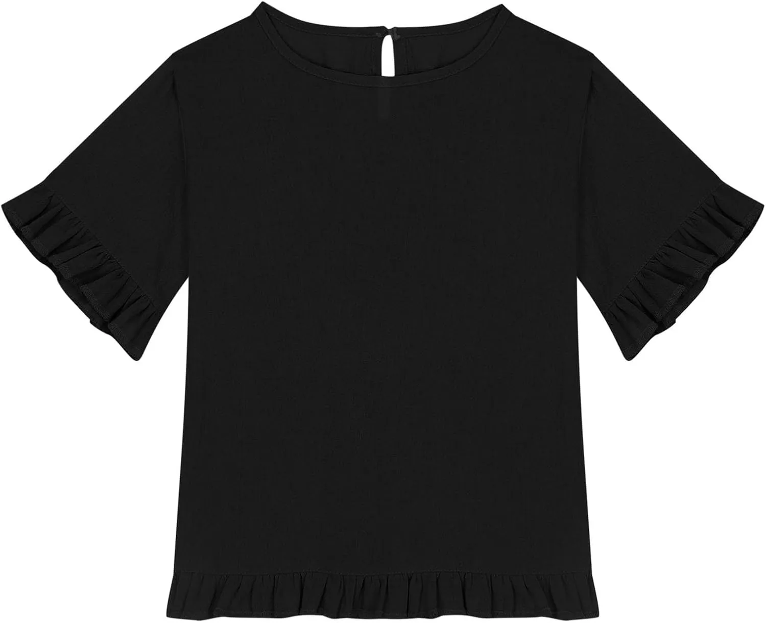 Cotton Linen Ruffle Tops for Girls Casual Crewneck Elbow Length Sleeve Plain T Shirts Blouses Kids Summer Loose Tees