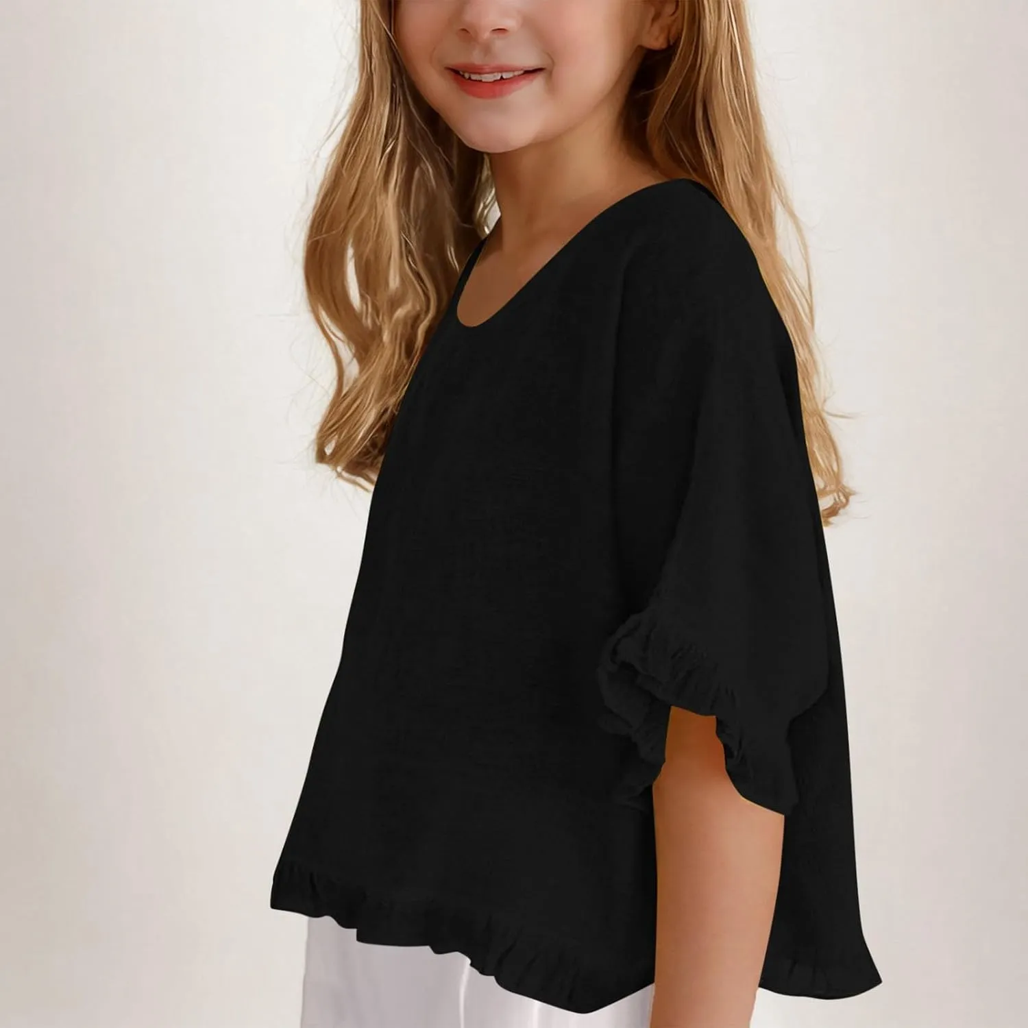 Cotton Linen Ruffle Tops for Girls Casual Crewneck Elbow Length Sleeve Plain T Shirts Blouses Kids Summer Loose Tees