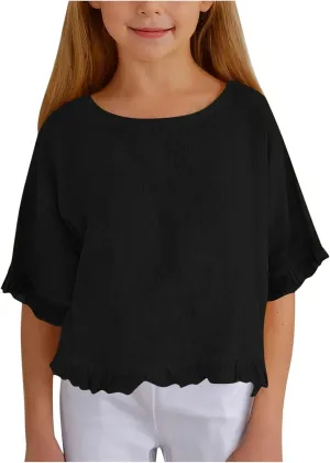 Cotton Linen Ruffle Tops for Girls Casual Crewneck Elbow Length Sleeve Plain T Shirts Blouses Kids Summer Loose Tees