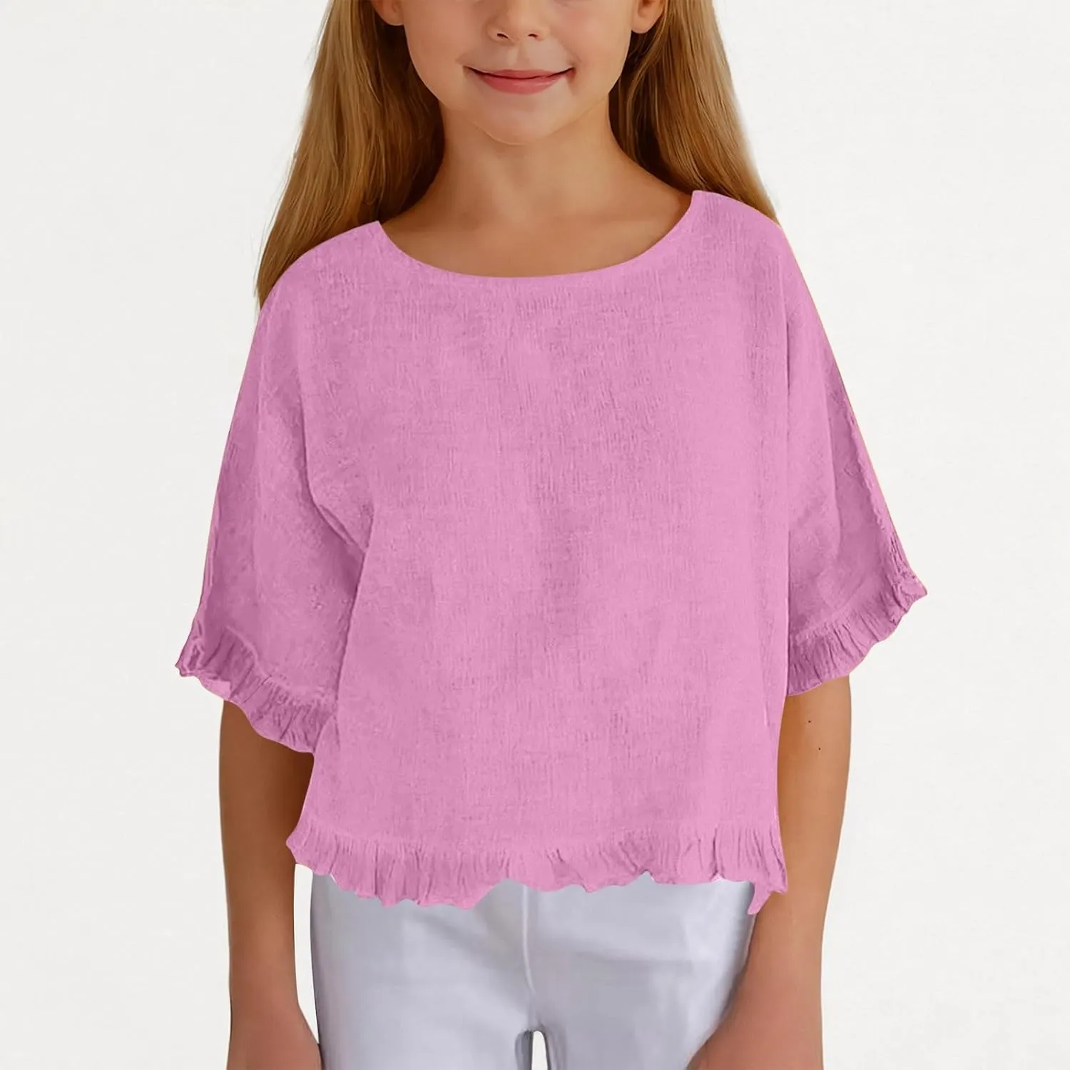 Cotton Linen Ruffle Tops for Girls Casual Crewneck Elbow Length Sleeve Plain T Shirts Blouses Kids Summer Loose Tees