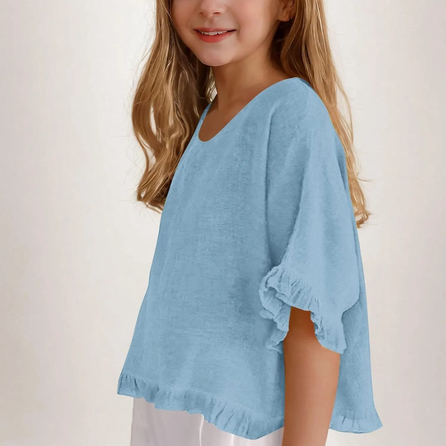Cotton Linen Ruffle Tops for Girls Casual Crewneck Elbow Length Sleeve Plain T Shirts Blouses Kids Summer Loose Tees
