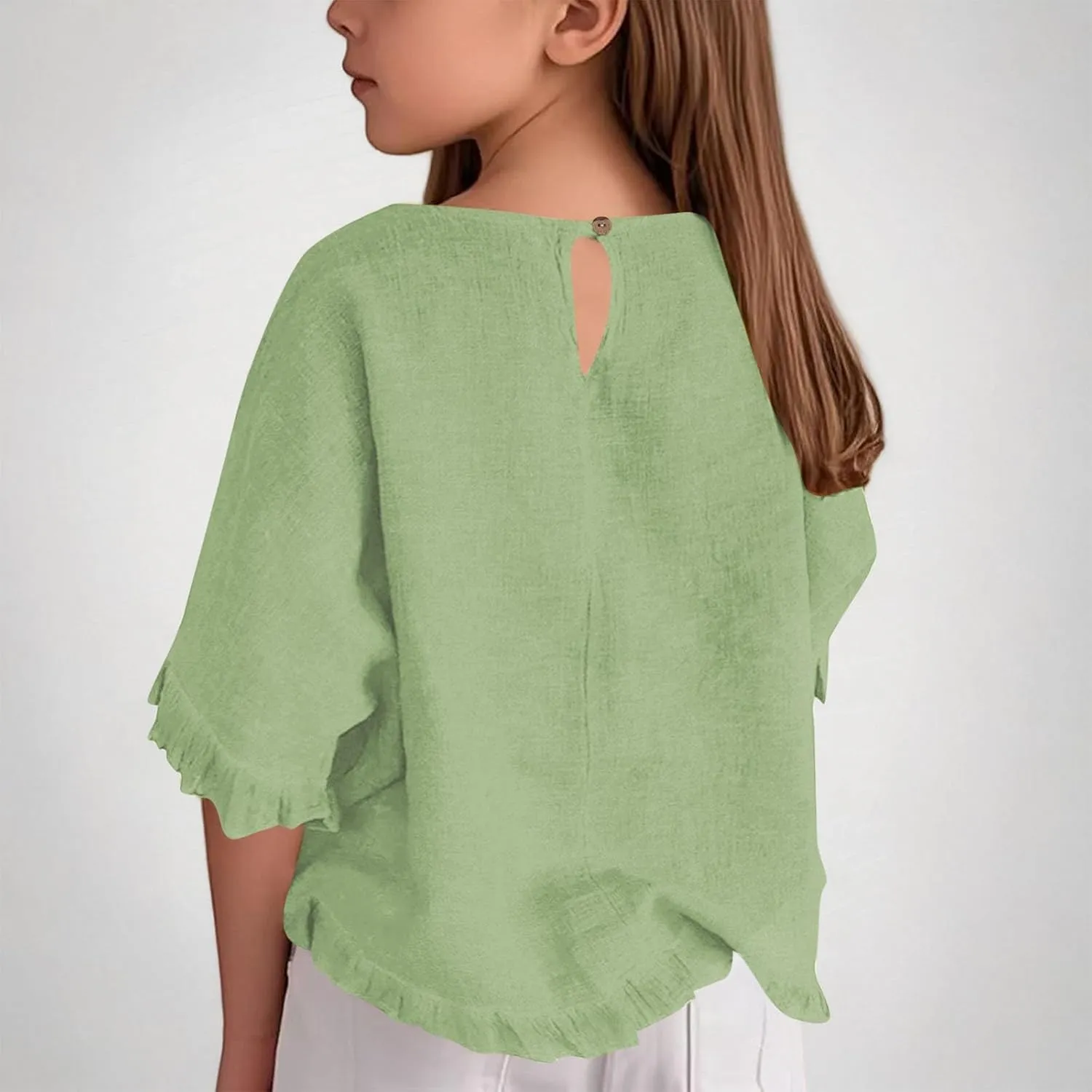 Cotton Linen Ruffle Tops for Girls Casual Crewneck Elbow Length Sleeve Plain T Shirts Blouses Kids Summer Loose Tees