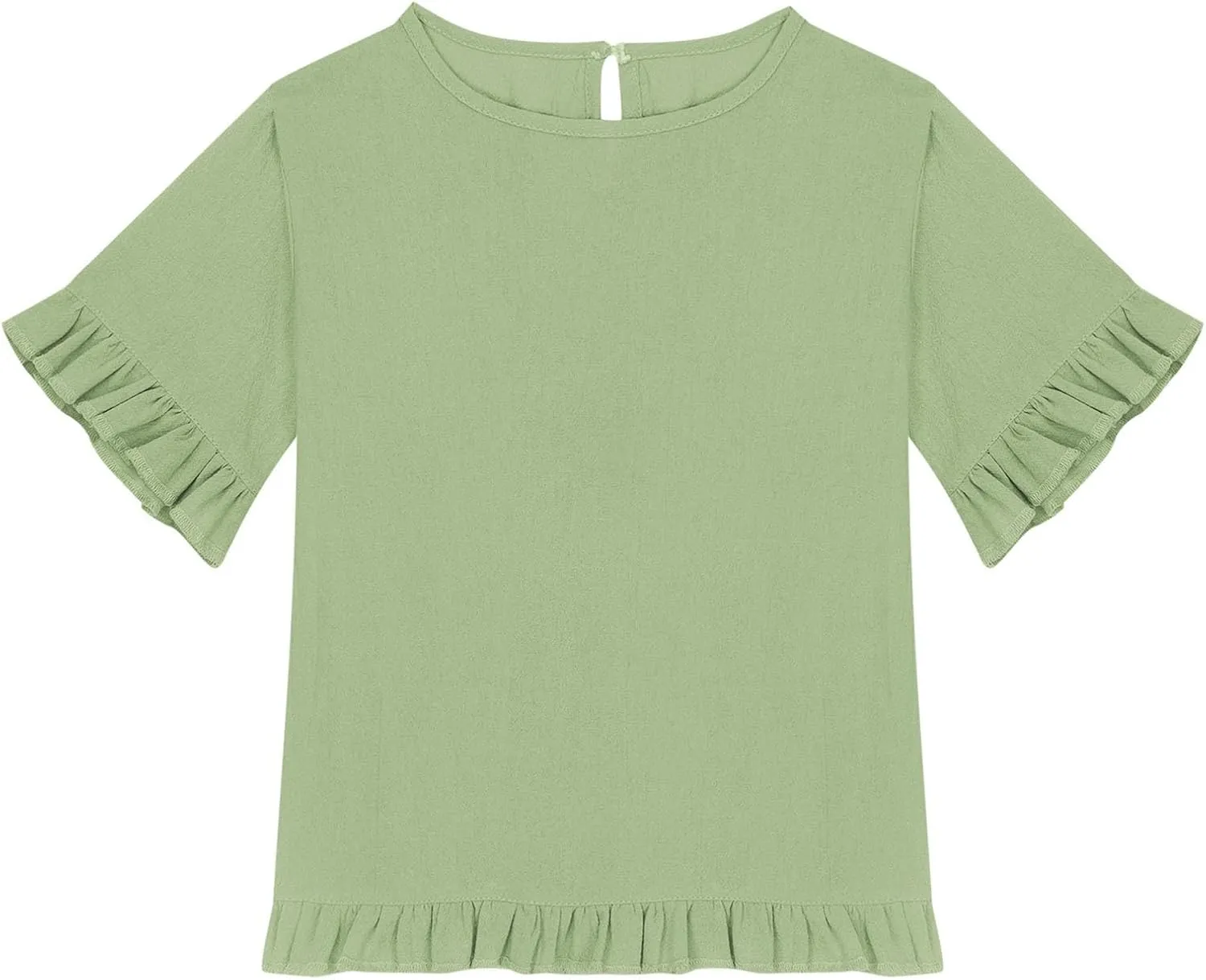 Cotton Linen Ruffle Tops for Girls Casual Crewneck Elbow Length Sleeve Plain T Shirts Blouses Kids Summer Loose Tees