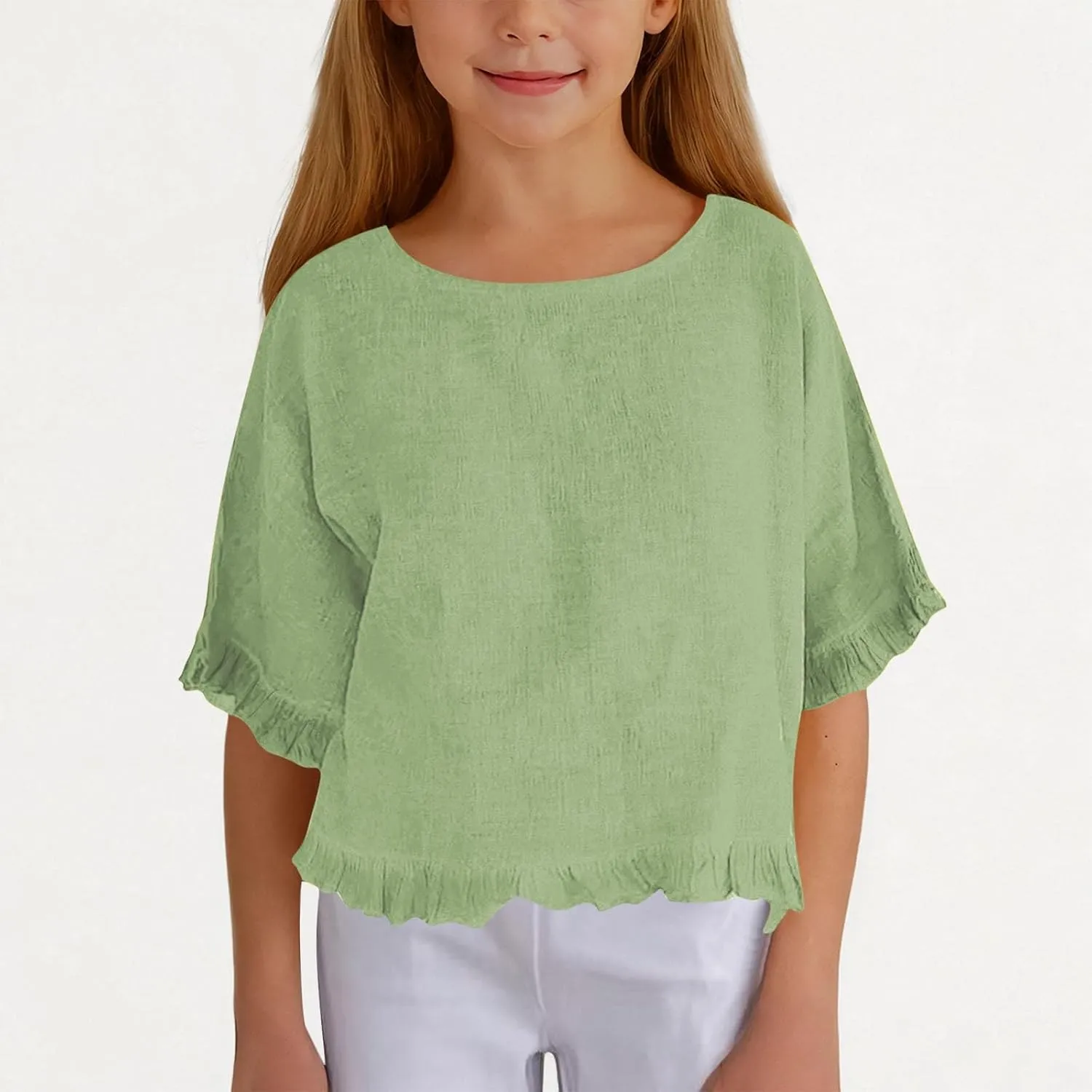 Cotton Linen Ruffle Tops for Girls Casual Crewneck Elbow Length Sleeve Plain T Shirts Blouses Kids Summer Loose Tees