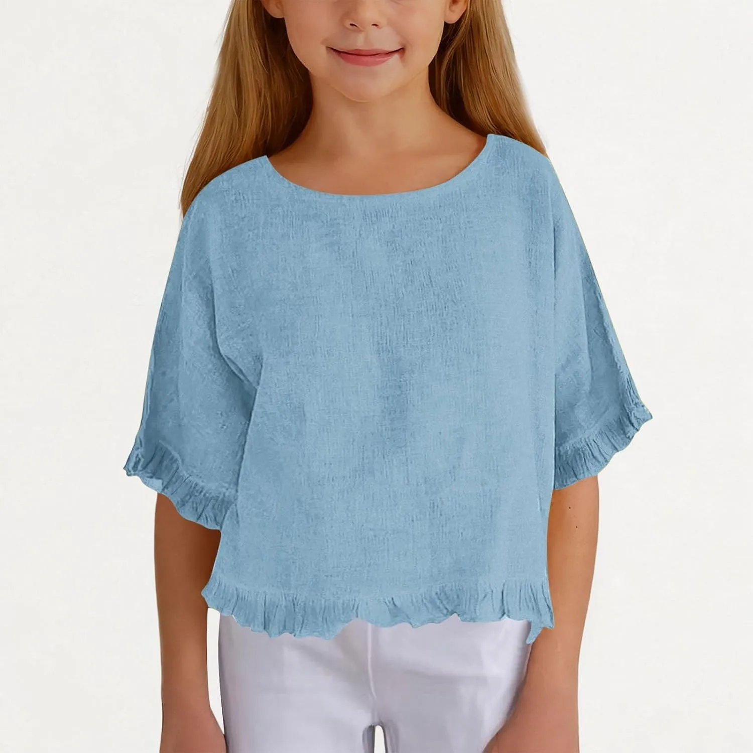 Cotton Linen Ruffle Tops for Girls Casual Crewneck Elbow Length Sleeve Plain T Shirts Blouses Kids Summer Loose Tees