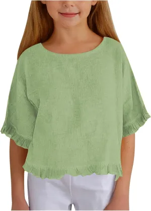 Cotton Linen Ruffle Tops for Girls Casual Crewneck Elbow Length Sleeve Plain T Shirts Blouses Kids Summer Loose Tees
