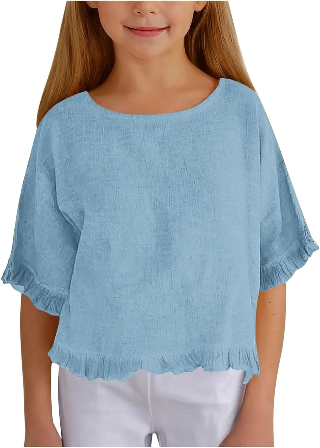Cotton Linen Ruffle Tops for Girls Casual Crewneck Elbow Length Sleeve Plain T Shirts Blouses Kids Summer Loose Tees