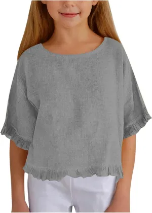 Cotton Linen Ruffle Tops for Girls Casual Crewneck Elbow Length Sleeve Plain T Shirts Blouses Kids Summer Loose Tees