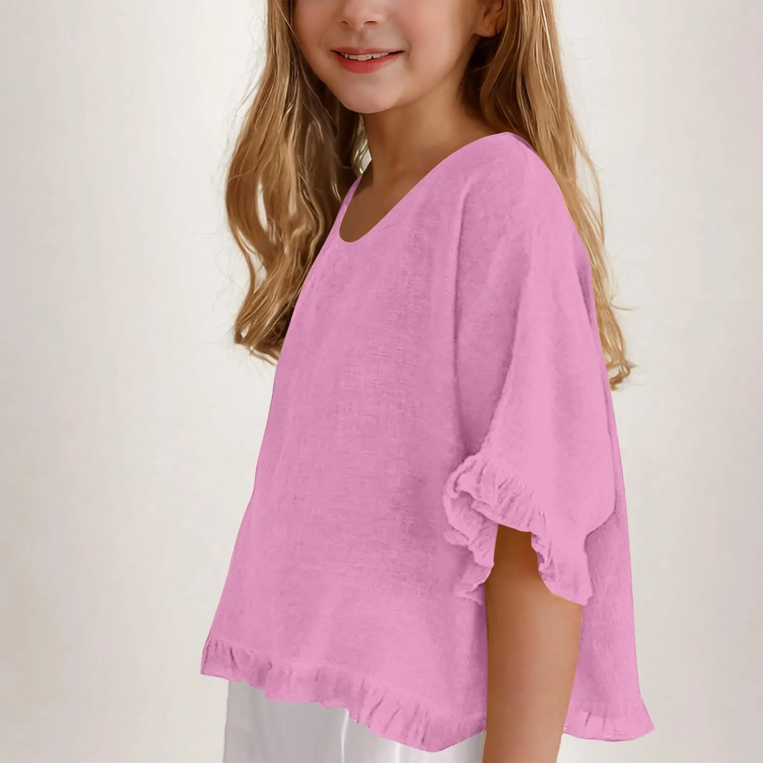 Cotton Linen Ruffle Tops for Girls Casual Crewneck Elbow Length Sleeve Plain T Shirts Blouses Kids Summer Loose Tees