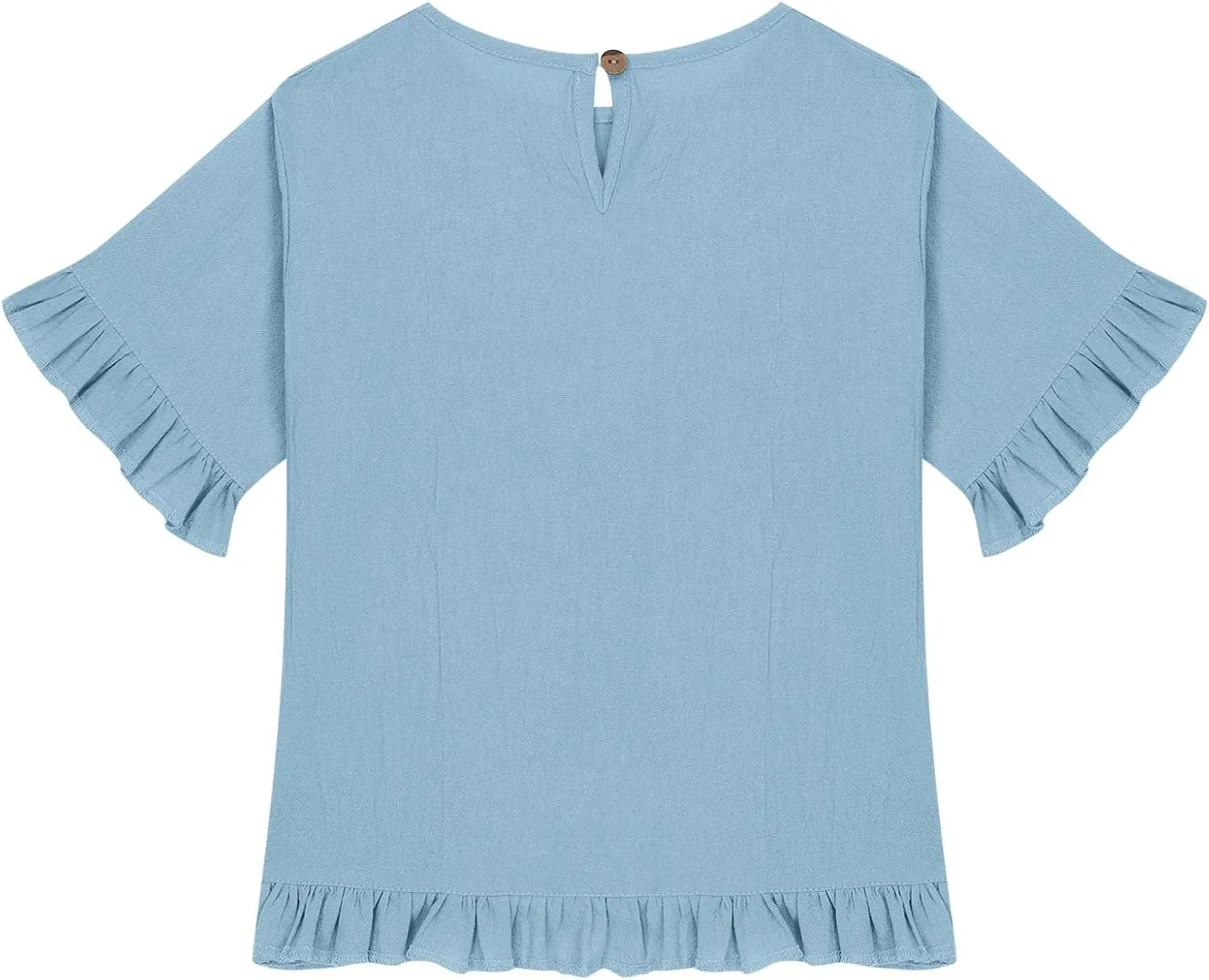 Cotton Linen Ruffle Tops for Girls Casual Crewneck Elbow Length Sleeve Plain T Shirts Blouses Kids Summer Loose Tees