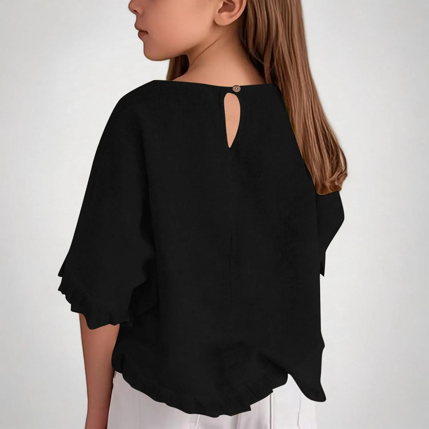 Cotton Linen Ruffle Tops for Girls Casual Crewneck Elbow Length Sleeve Plain T Shirts Blouses Kids Summer Loose Tees