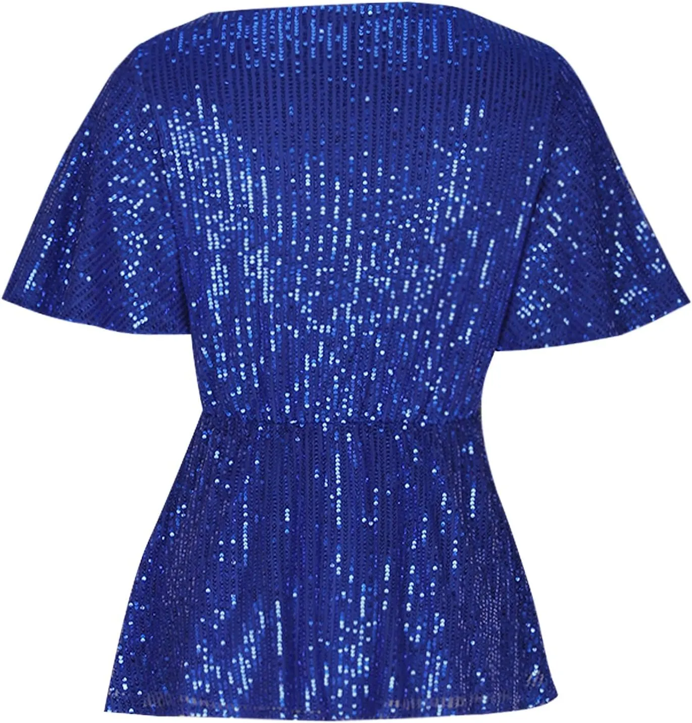 DASAYO Holiday Peplum Tops for Women Trendy Tie Front Tunics Elegant Blouse Dressy Casual Sequin V-Neck Short Sleeve Shirts