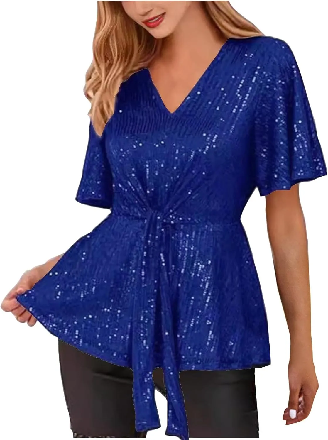 DASAYO Holiday Peplum Tops for Women Trendy Tie Front Tunics Elegant Blouse Dressy Casual Sequin V-Neck Short Sleeve Shirts