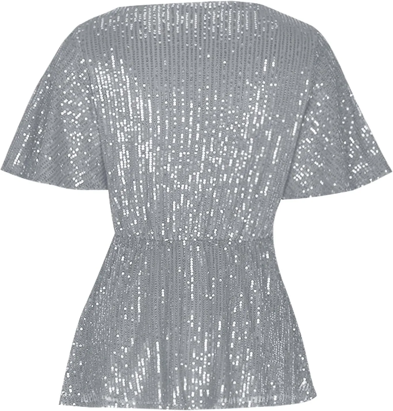 DASAYO Holiday Peplum Tops for Women Trendy Tie Front Tunics Elegant Blouse Dressy Casual Sequin V-Neck Short Sleeve Shirts