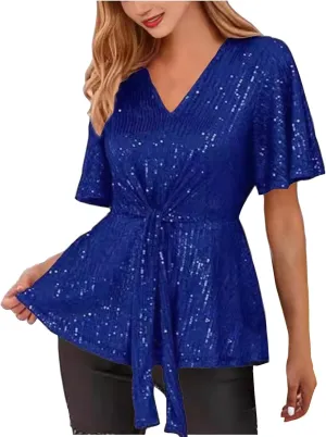 DASAYO Holiday Peplum Tops for Women Trendy Tie Front Tunics Elegant Blouse Dressy Casual Sequin V-Neck Short Sleeve Shirts