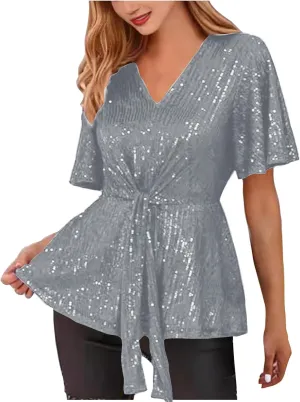 DASAYO Holiday Peplum Tops for Women Trendy Tie Front Tunics Elegant Blouse Dressy Casual Sequin V-Neck Short Sleeve Shirts