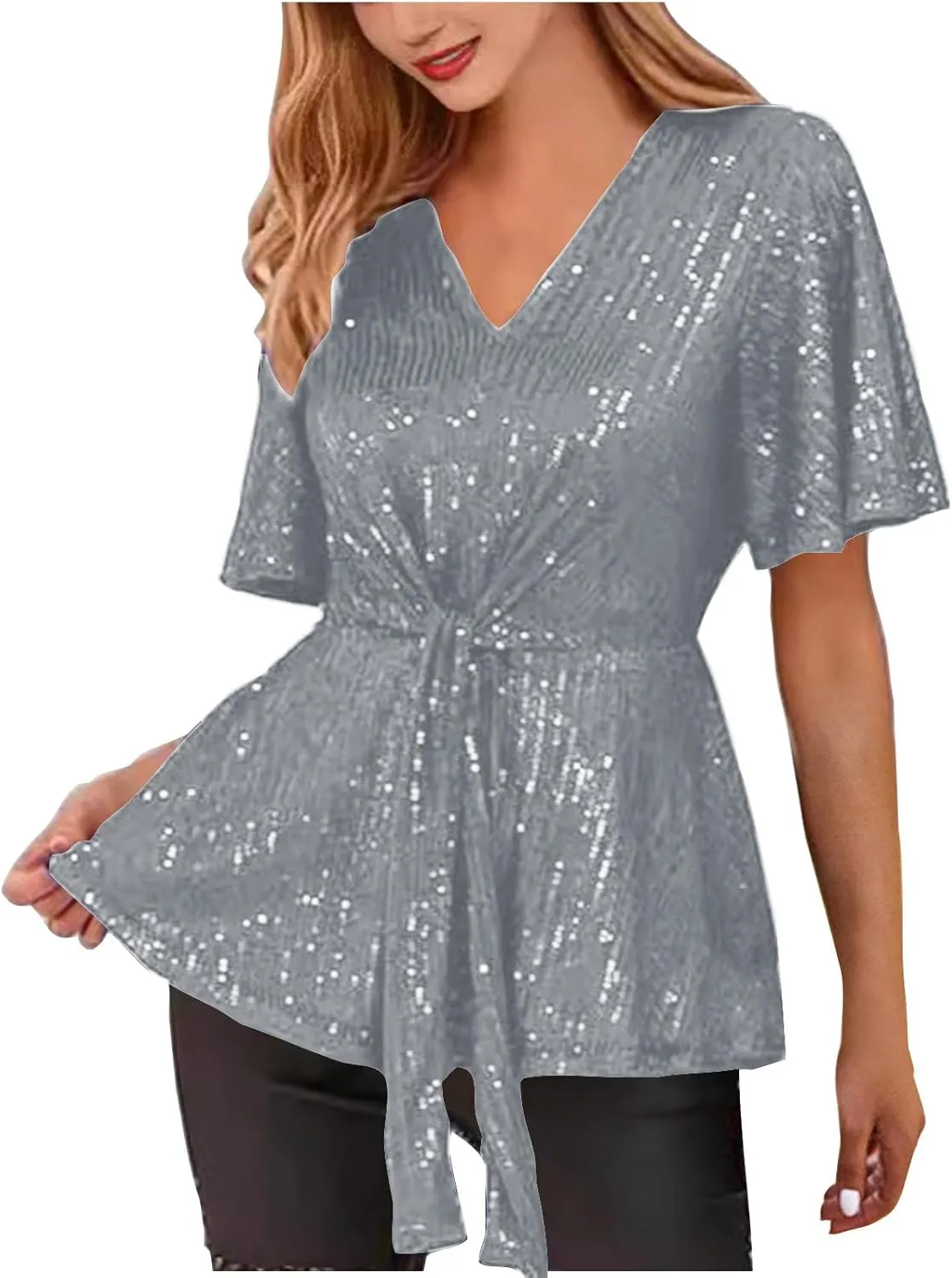 DASAYO Holiday Peplum Tops for Women Trendy Tie Front Tunics Elegant Blouse Dressy Casual Sequin V-Neck Short Sleeve Shirts
