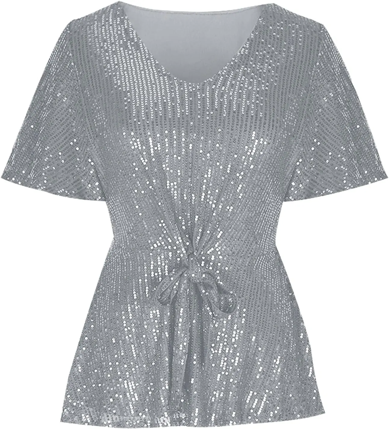 DASAYO Holiday Peplum Tops for Women Trendy Tie Front Tunics Elegant Blouse Dressy Casual Sequin V-Neck Short Sleeve Shirts