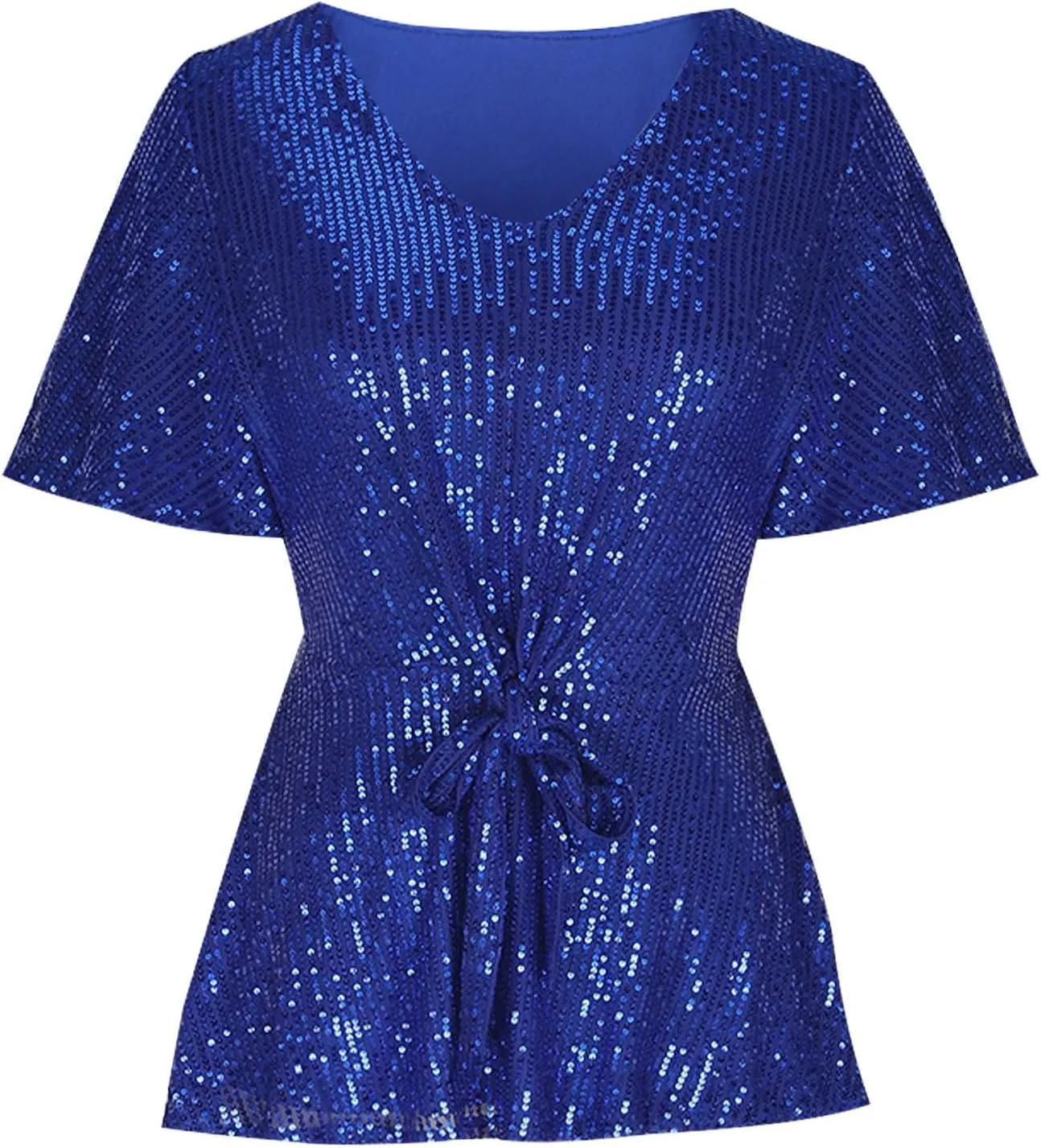 DASAYO Holiday Peplum Tops for Women Trendy Tie Front Tunics Elegant Blouse Dressy Casual Sequin V-Neck Short Sleeve Shirts