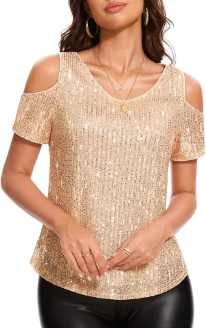 DRESSTELLS Gold Sparkly Sequin Tops for Women Cold Shoulder Glitter Dressy Blouse for Party Wedding Guest Cocktail Tops Short Sleeve Shirt Champagne 2XL