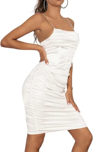 EVILD Spaghetti Strap Ruched Bodycon Dress Sleeveless Midi Dresses Rave Party Clubwear for Women