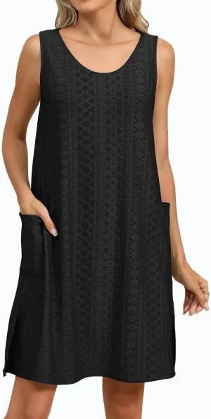 Eyelet Dresses for Women 2025 Scoop Neck Sleeveless Sundresses Swimsuit Coverup Tank Dress Beach Vacation Dress