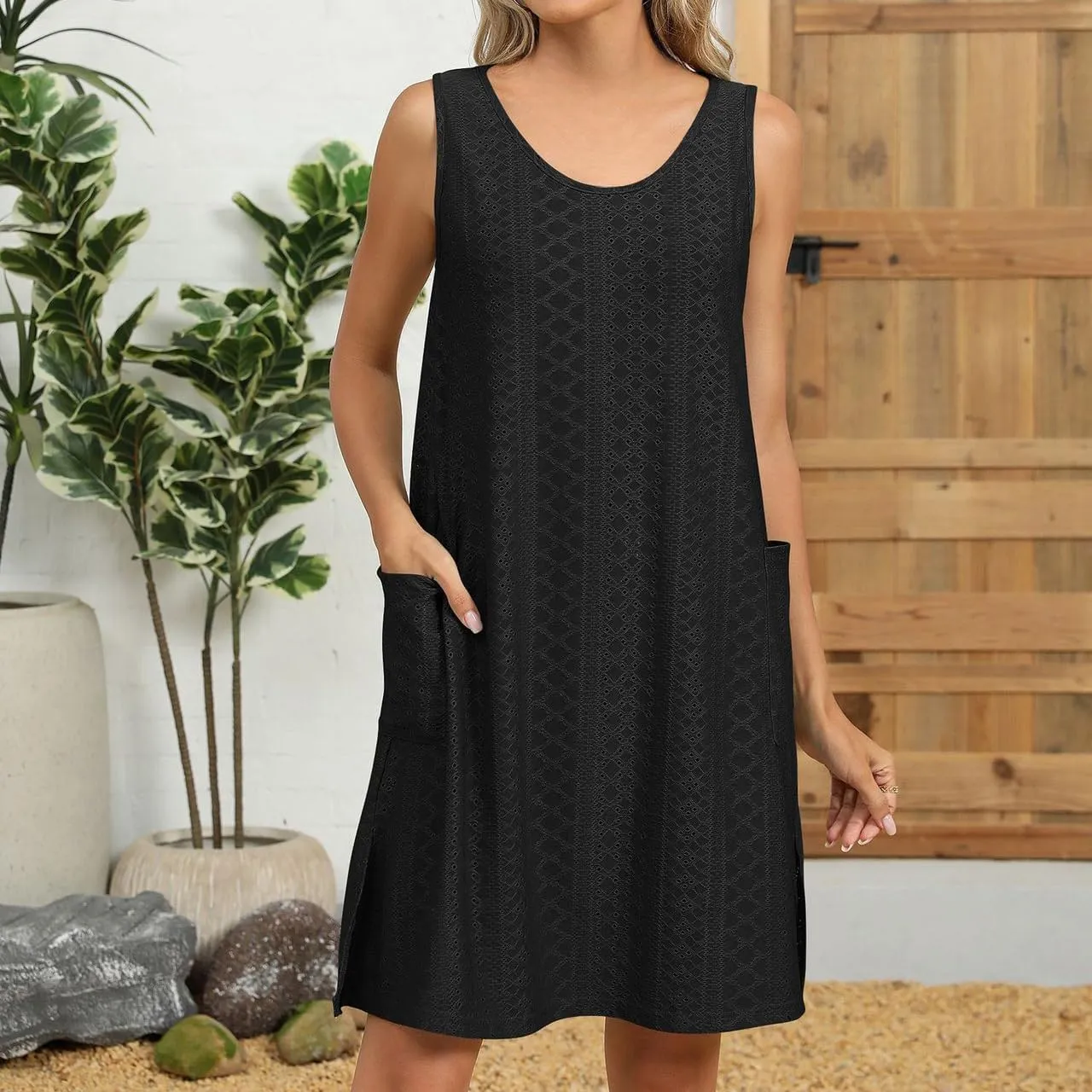 Eyelet Dresses for Women 2025 Scoop Neck Sleeveless Sundresses Swimsuit Coverup Tank Dress Beach Vacation Dress
