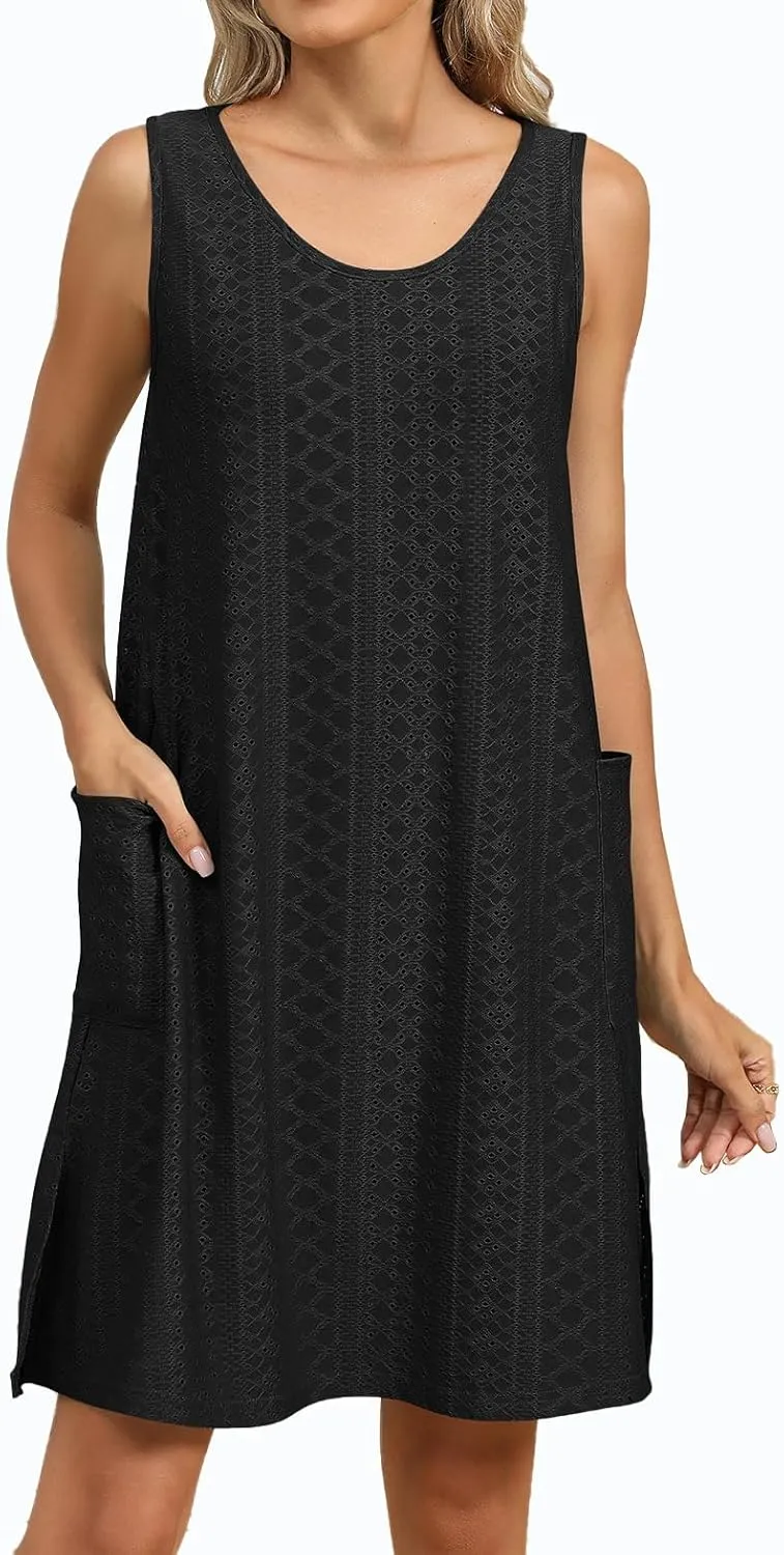 Eyelet Dresses for Women 2025 Scoop Neck Sleeveless Sundresses Swimsuit Coverup Tank Dress Beach Vacation Dress