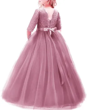 Flower Girls 3/4 Sleeve Deep V-Back Tulle Vintage Lace Wedding Party Long Dress Princess Communion Pageant Maxi Gown